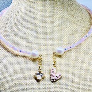 Chic Pink and Gold Beaded Necklace with Heart Pendant